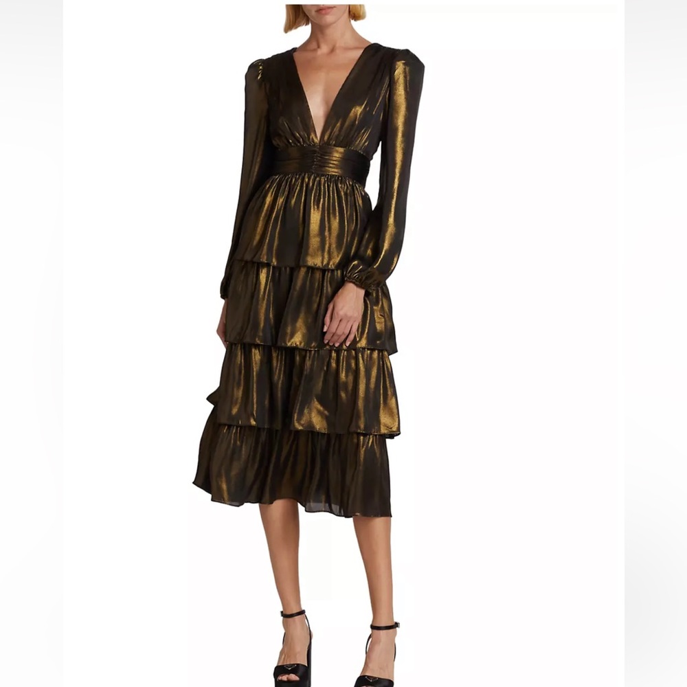Gold midi-dress from Wayf long sleeves and waistband. A tiered A-line skirt